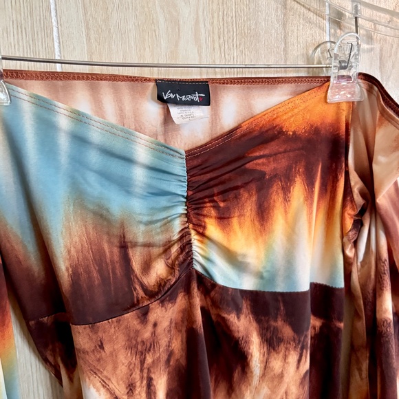 Vintage Medium Brown and Blue Tie Dye Stretch Top 90s 2000s - Picture 3 of 6